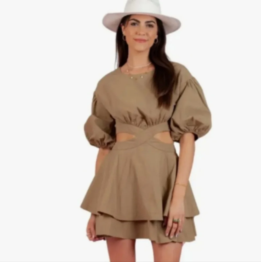 Nwt VICI Puff Sleeve Mini Cutout Dress small 4 olive green - Picture 3 of 13